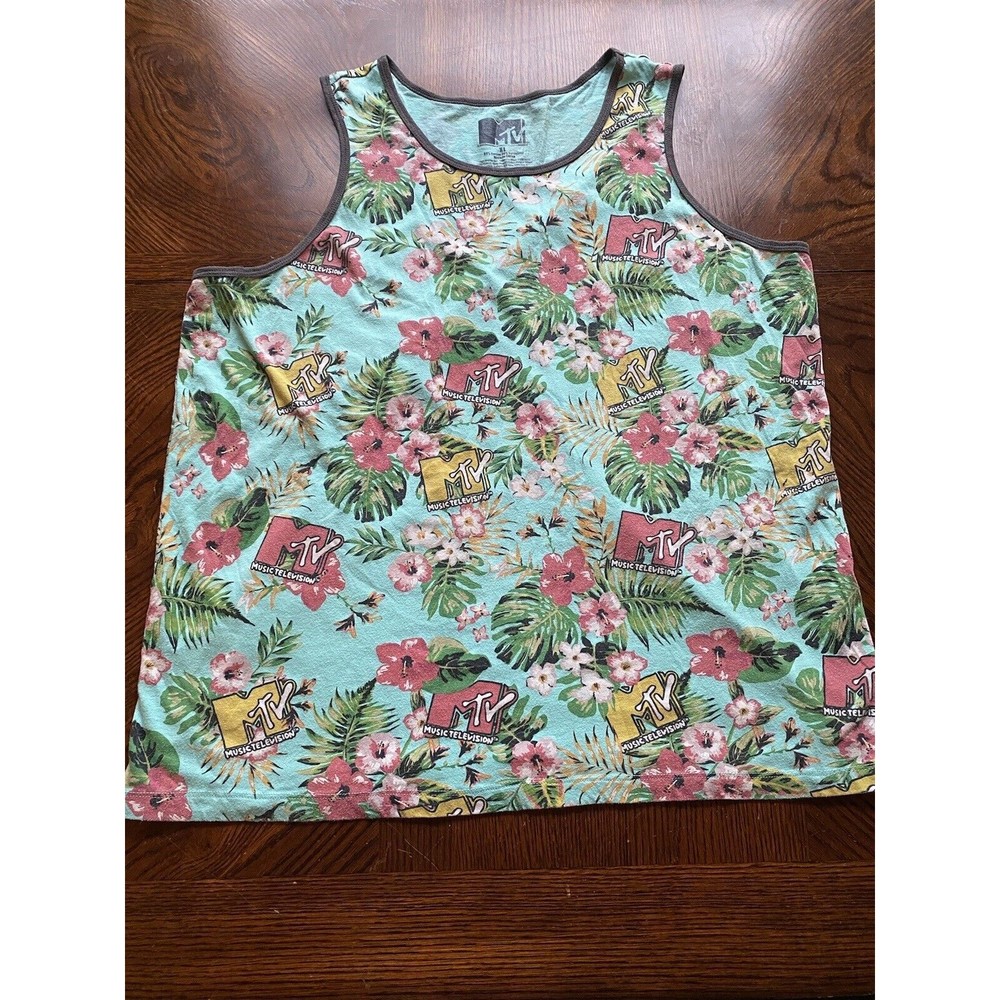 MTV Tank Top Music Television Logo Mens XL Multicolor Floral Pattern Hip Hop
